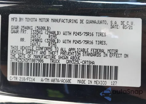 2021 Toyota Tacoma Sr5 V6 z USA, uszkodzony, nr VIN 3TYRZ5CN3MT007906